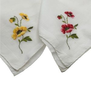 2 Vintage Floral embroidered white 12” Hankerchief Hankies